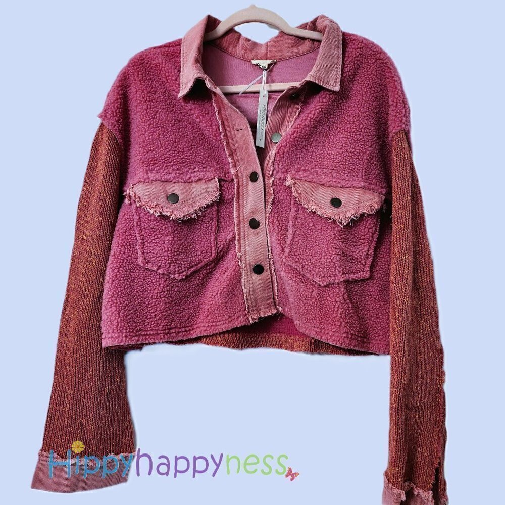 New POL Crop Jacket Shacket Barbie Pink Sherpa Size NWT